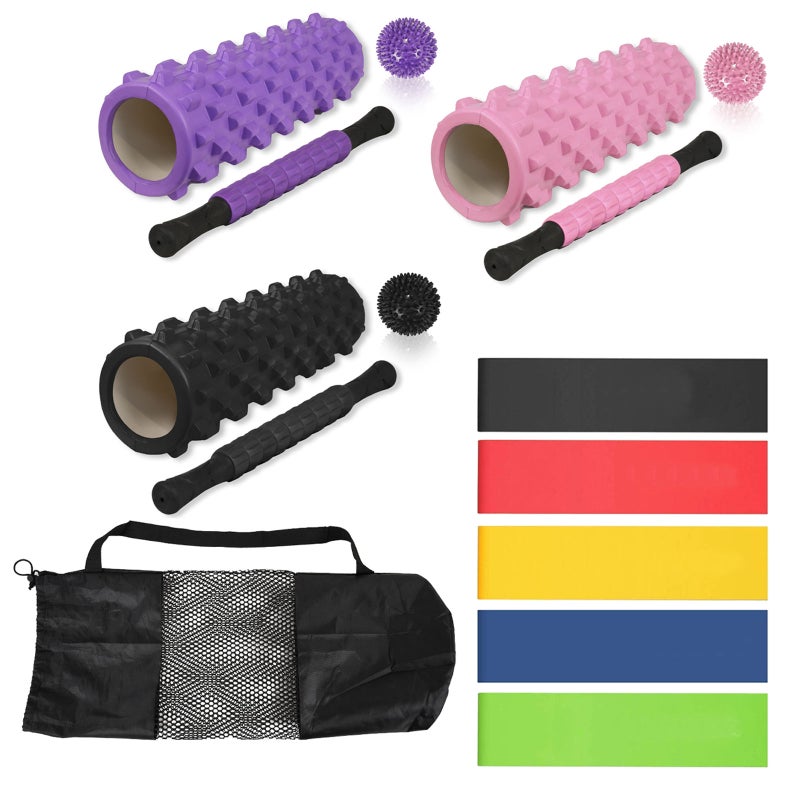 Advwin Foam Yoga Roller Massage Axis Home Fitness Exercise 9 Piece Set Black/Purple/Pink