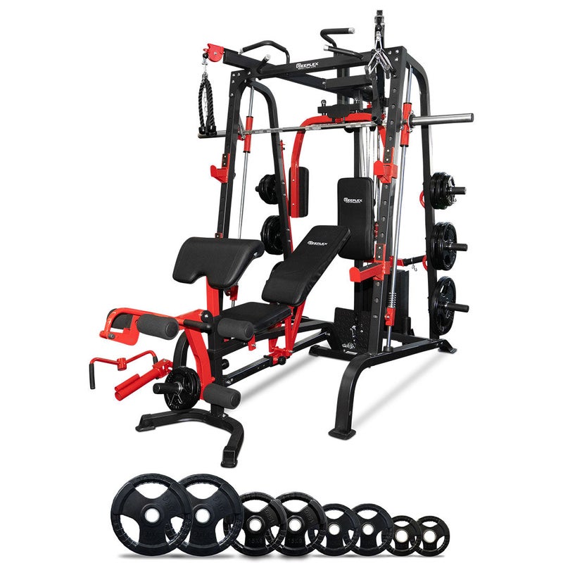 Reeplex SMGX Multi-Station Gym + FID Bench + Weight Plates + Barbell