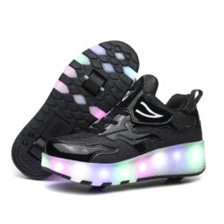 Roller Skate Sneaker Double Wheeled Rechargeable LED Flash Light Roller Shoes For Kids E67 Black